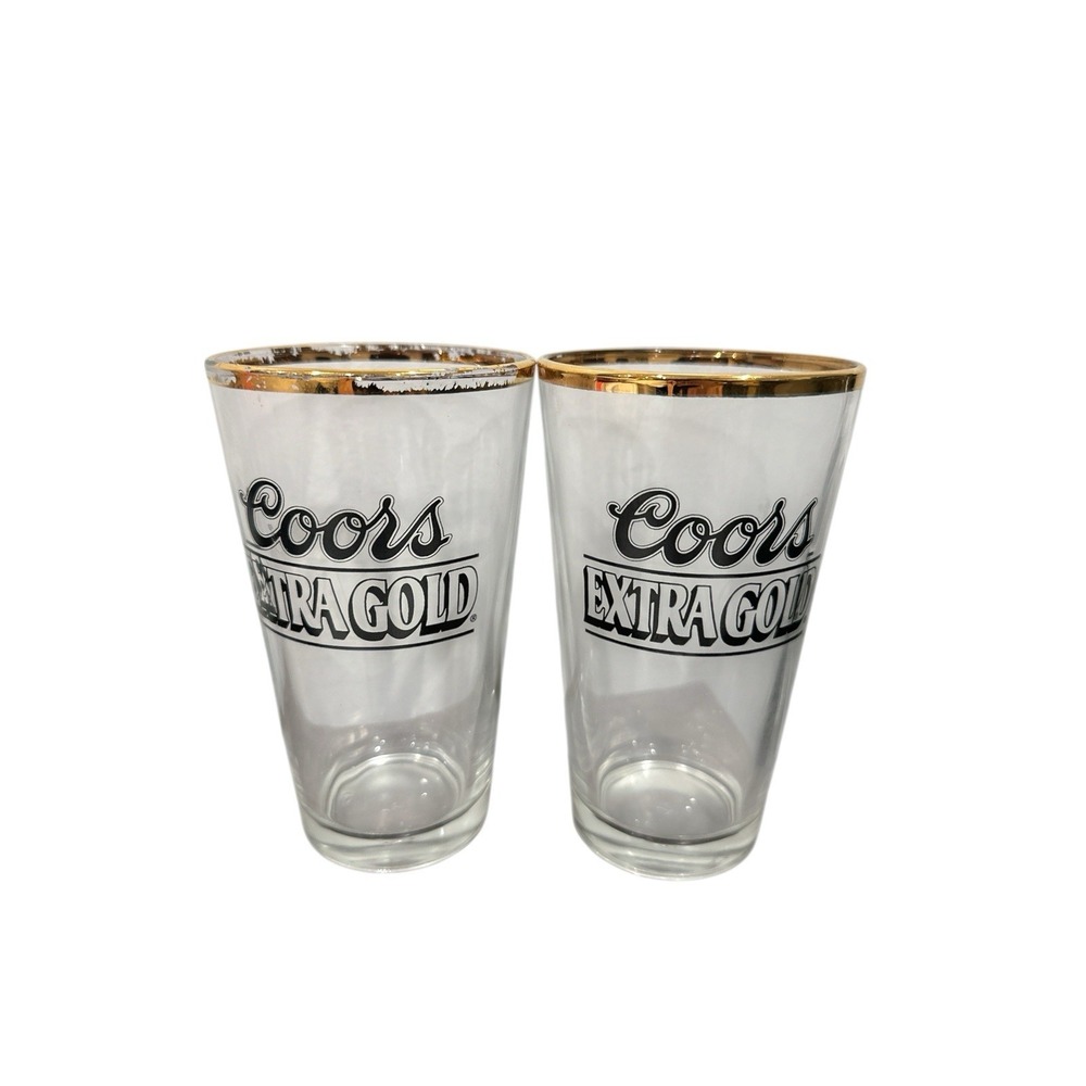 Set of 2 Vintage Coors Light Extra Gold Beer Glasses Gold rimmed‎